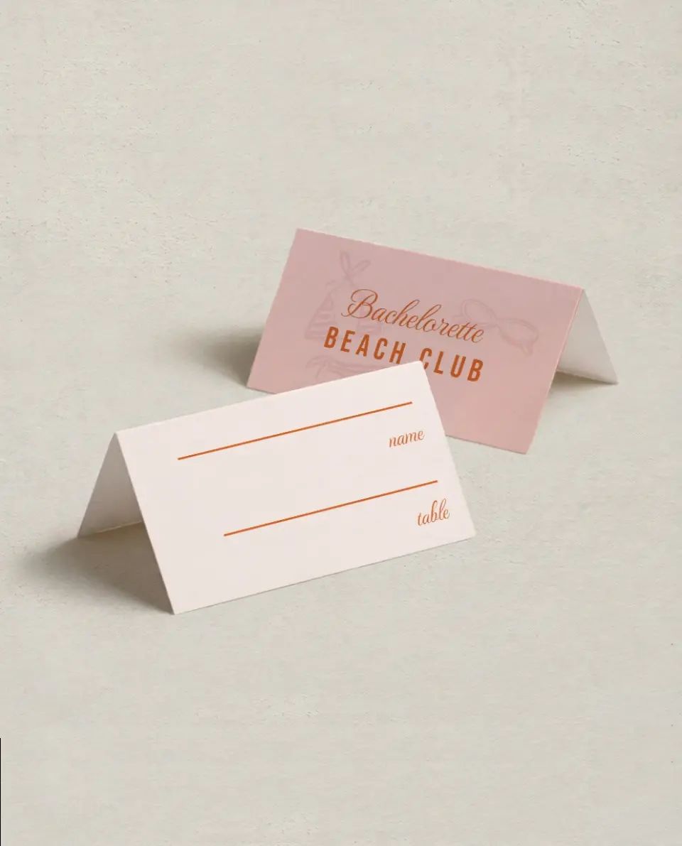 This is a 3½" x 2" Folded Bachelorette Party Table Décor called Bach Beach Club printed in full color on Premium Smooth paper