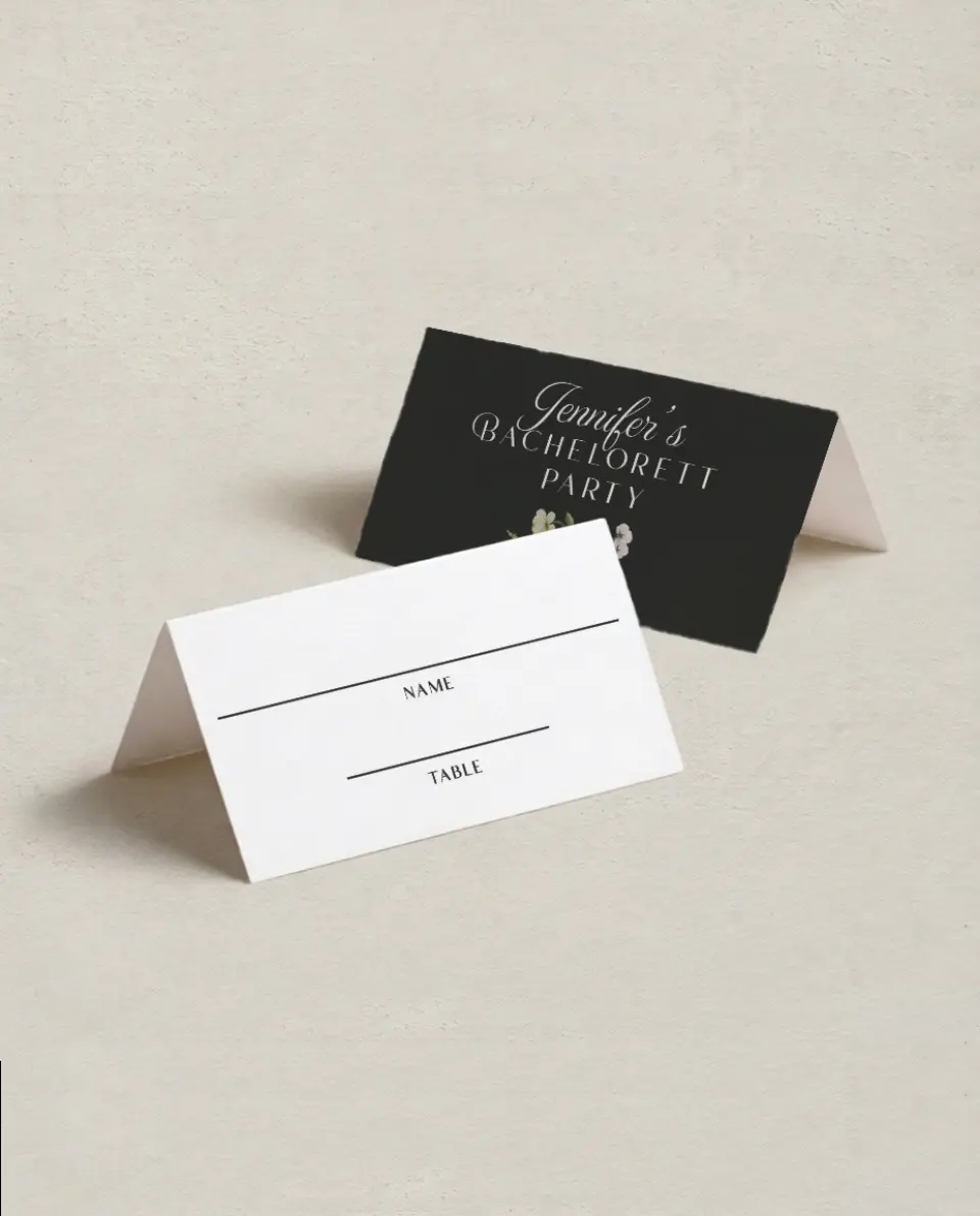 This is a 3½" x 2" Folded Bachelorette Party Table Décor called Floral Feels printed in full color on Premium Smooth paper