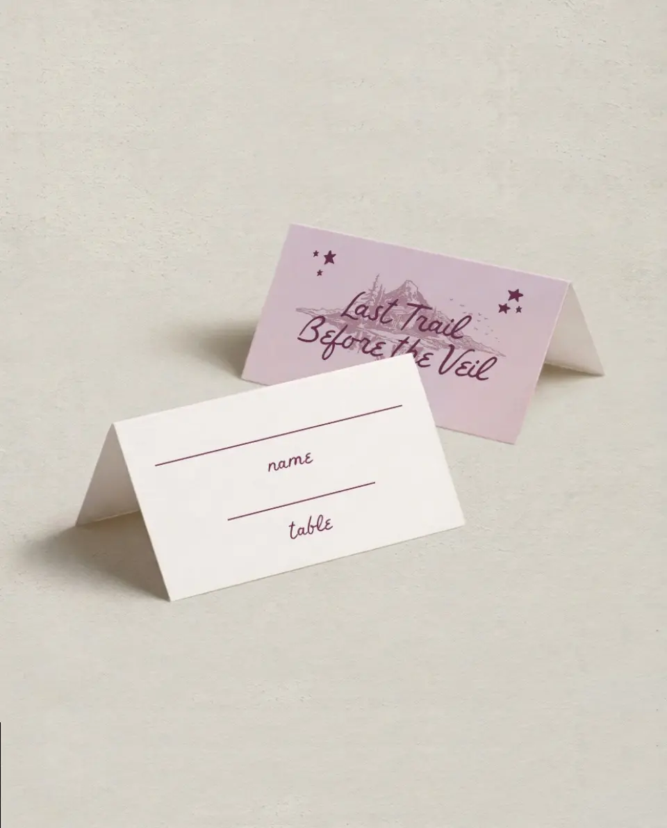 This is a 3½" x 2" Folded Bachelorette Party Table Décor called Last Trail printed in full color on Premium Smooth paper