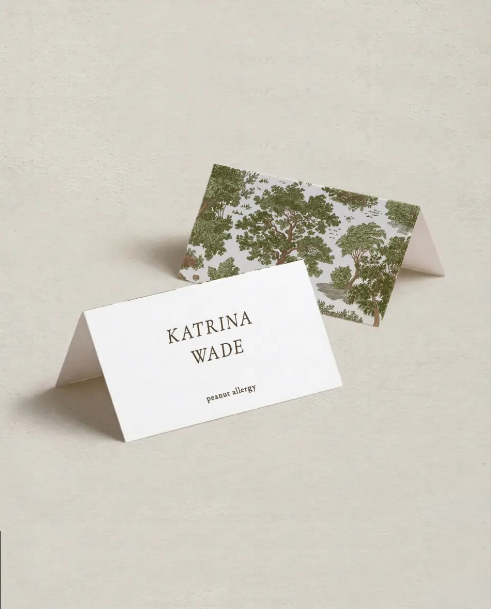 This is a 3½" x 2" Folded Wedding Place Card called Holloway printed in full color on Premium Smooth paper