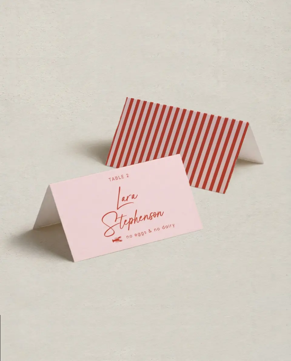 This is a 3½" x 2" Folded Wedding Place Card called Boathouse Bliss printed in full color on Premium Smooth paper