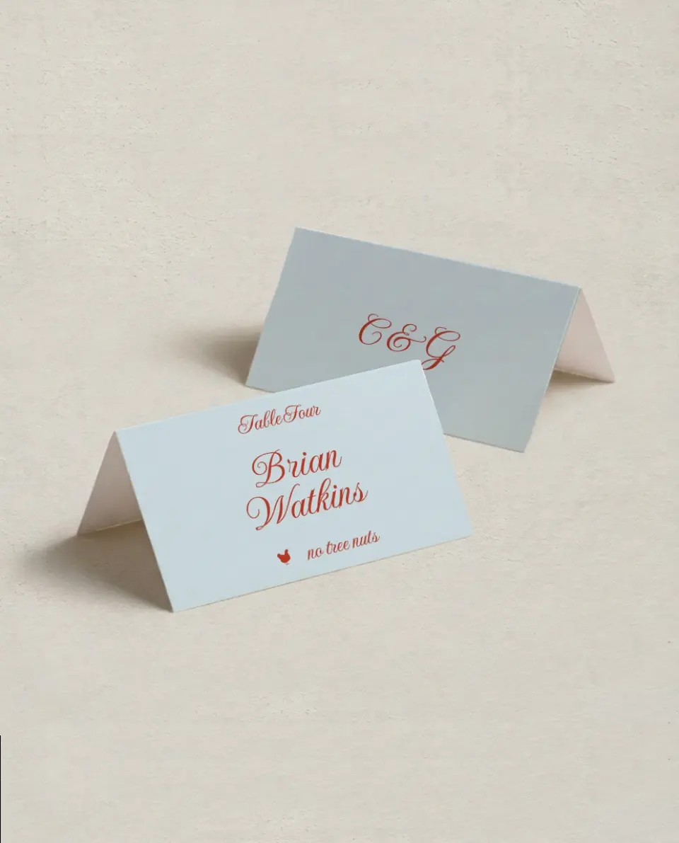 This is a 3½" x 2" Folded Wedding Place Card called Mod Elegance printed in full color on Premium Smooth paper