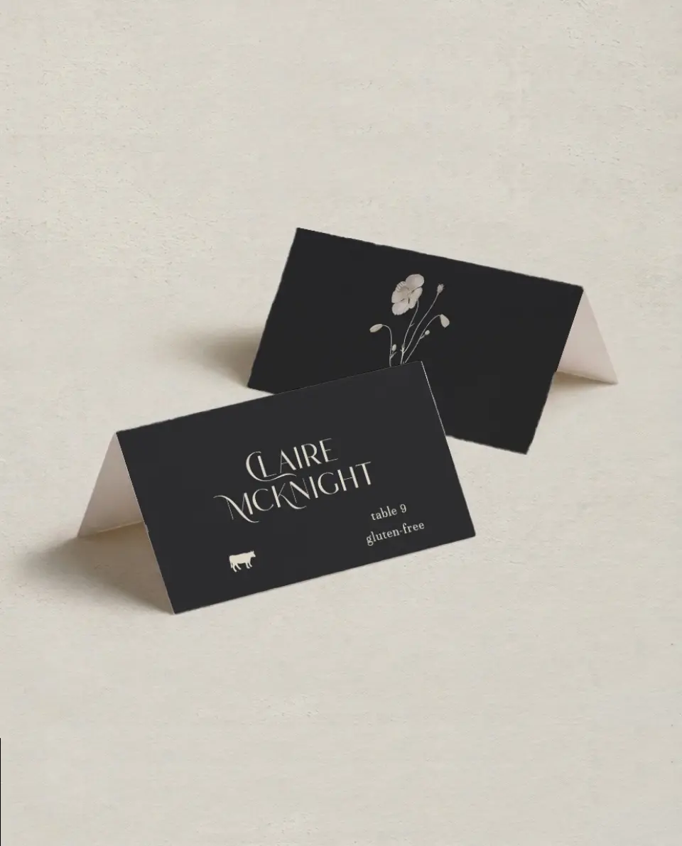 This is a 3½" x 2" Folded Wedding Place Card called Winter Wildflowers printed in full color on Premium Smooth paper