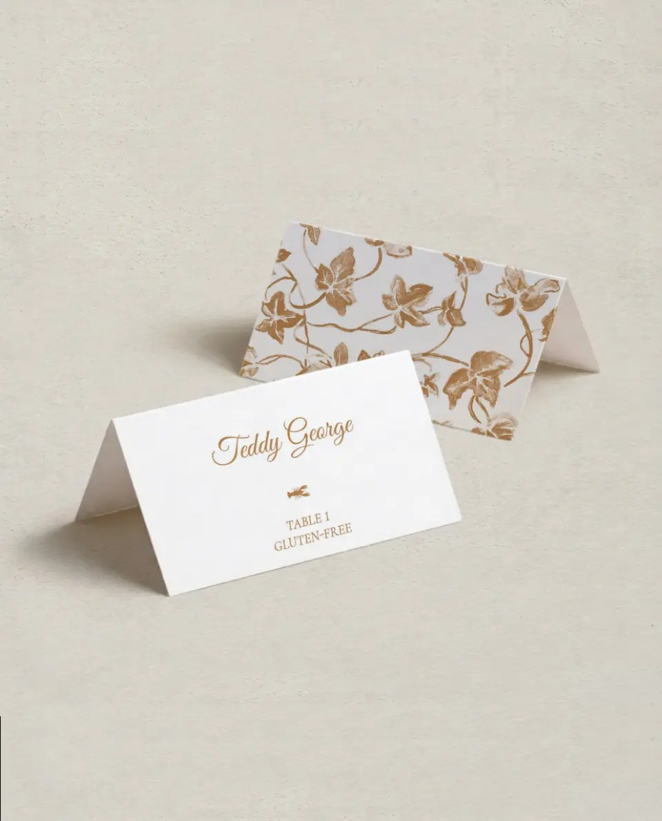 This is a 3½" x 2" Folded Wedding Place Card called Elegant Autumn printed in full color on Premium Smooth paper