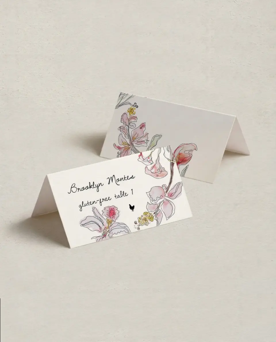 This is a 3½" x 2" Folded Wedding Place Card called Forever Bud printed in full color on Premium Smooth paper