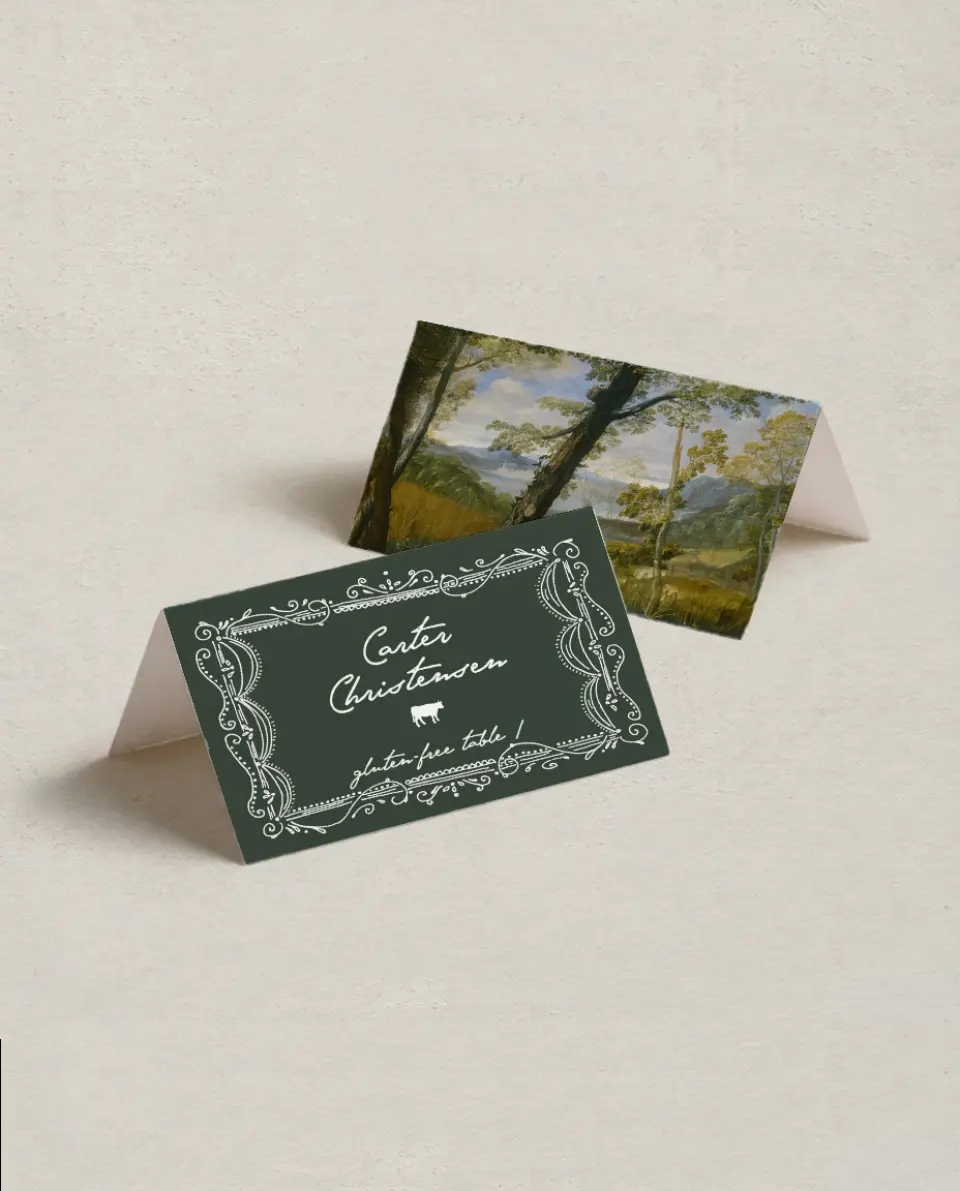 This is a 3½" x 2" Folded Wedding Place Card called With Love printed in full color on Premium Smooth paper