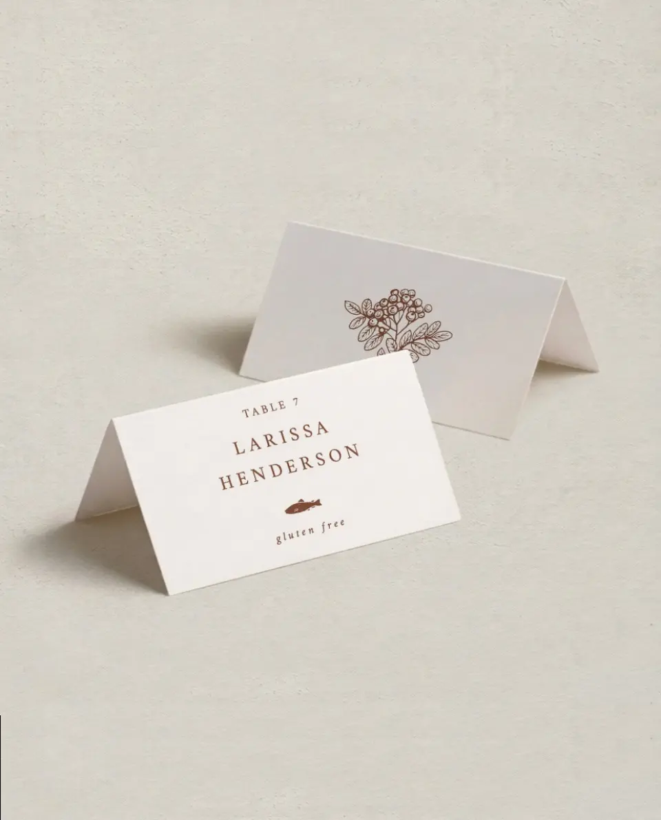 This is a 3½" x 2" Folded Wedding Place Card called Autumn Vow printed in full color on Premium Smooth paper