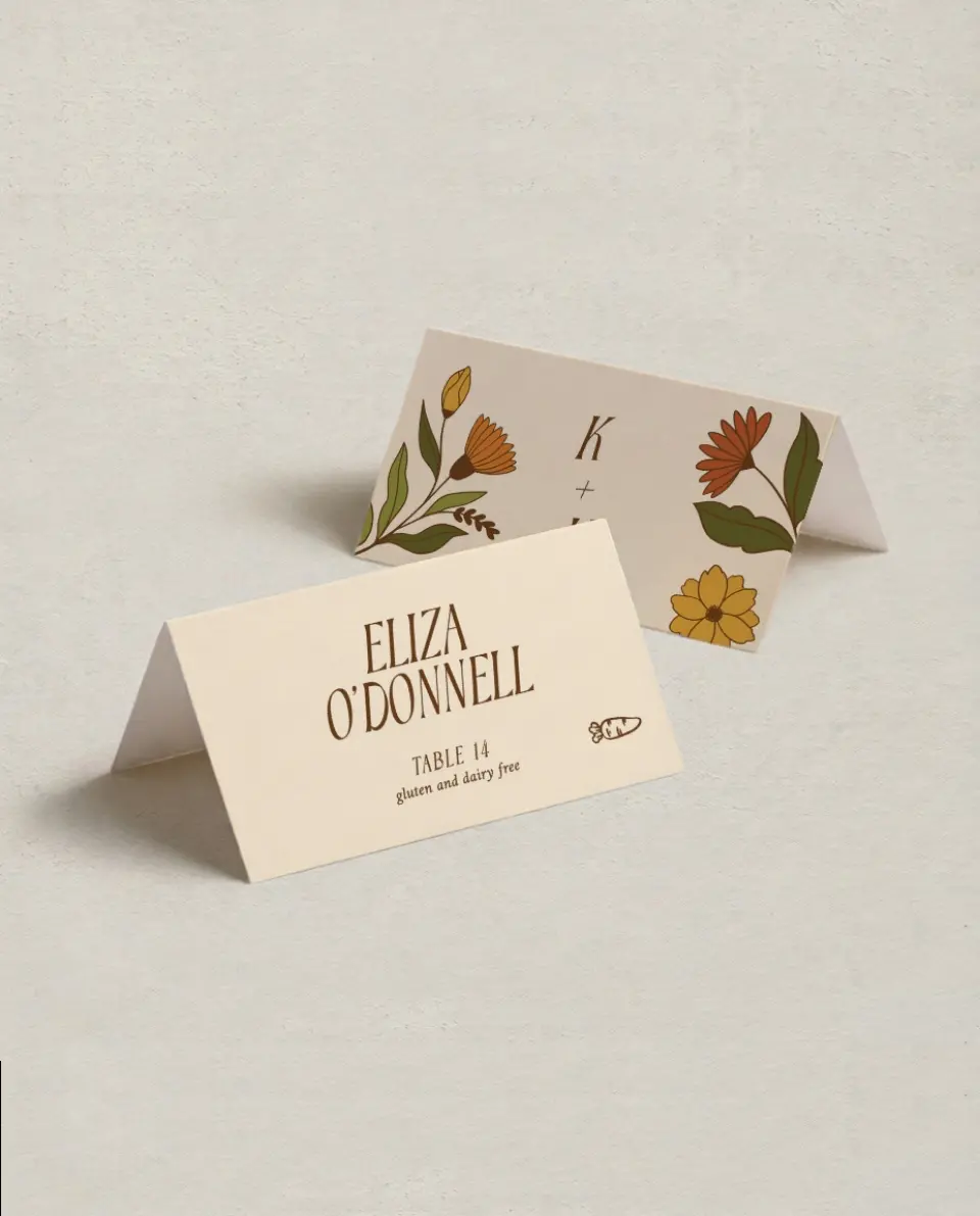 This is a 3½" x 2" Folded Wedding Place Card called Wild + Bright printed in full color on Premium Smooth paper