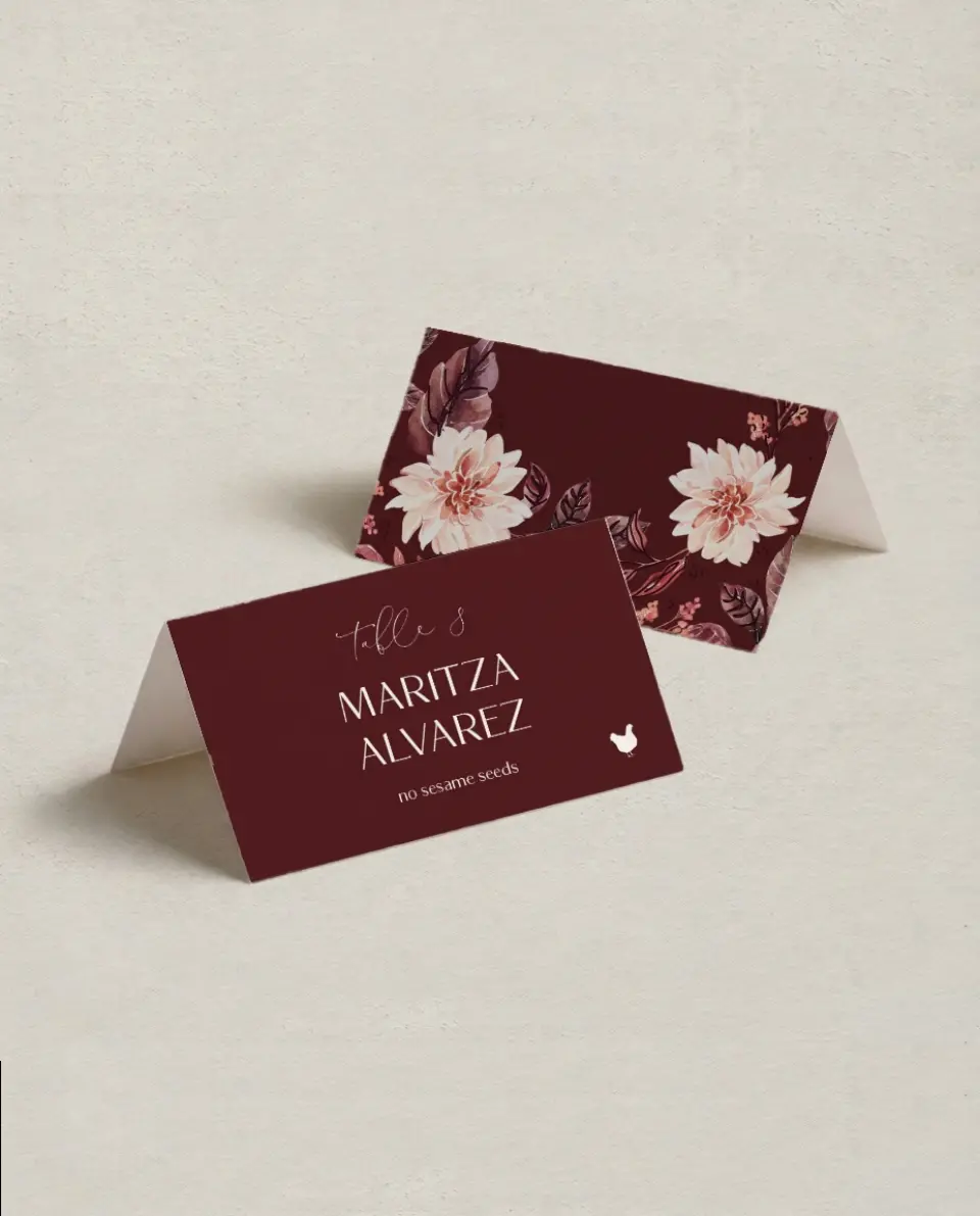 This is a 3½" x 2" Folded Wedding Place Card called Fall Florals printed in full color on Premium Smooth paper