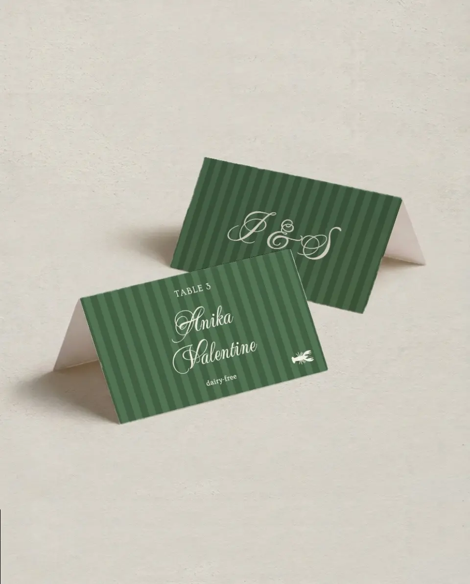 This is a 3½" x 2" Folded Wedding Place Card called Warwick printed in full color on Premium Smooth paper