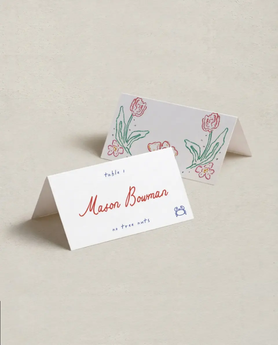 This is a 3½" x 2" Folded Wedding Place Card called Whimsy Love printed in full color on Premium Smooth paper
