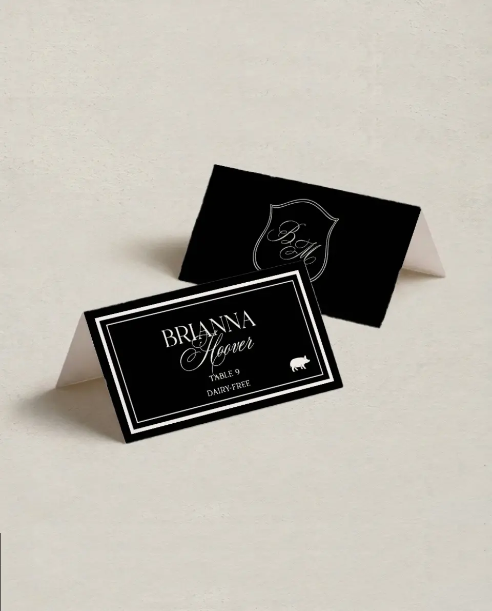 This is a 3½" x 2" Folded Wedding Place Card called Greenwich printed in full color on Premium Smooth paper