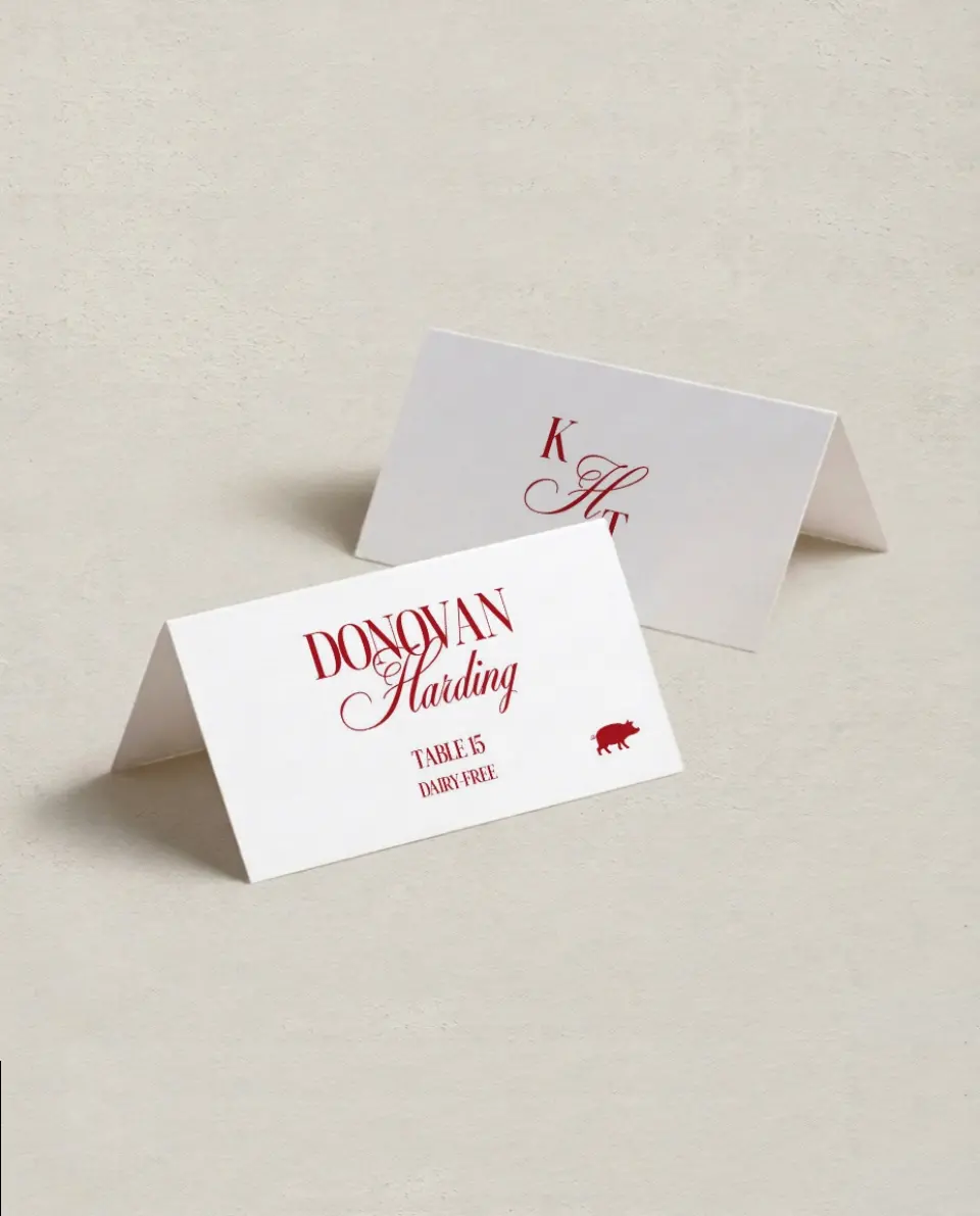 This is a 3½" x 2" Folded Wedding Place Card called Montecito printed in full color on Premium Smooth paper