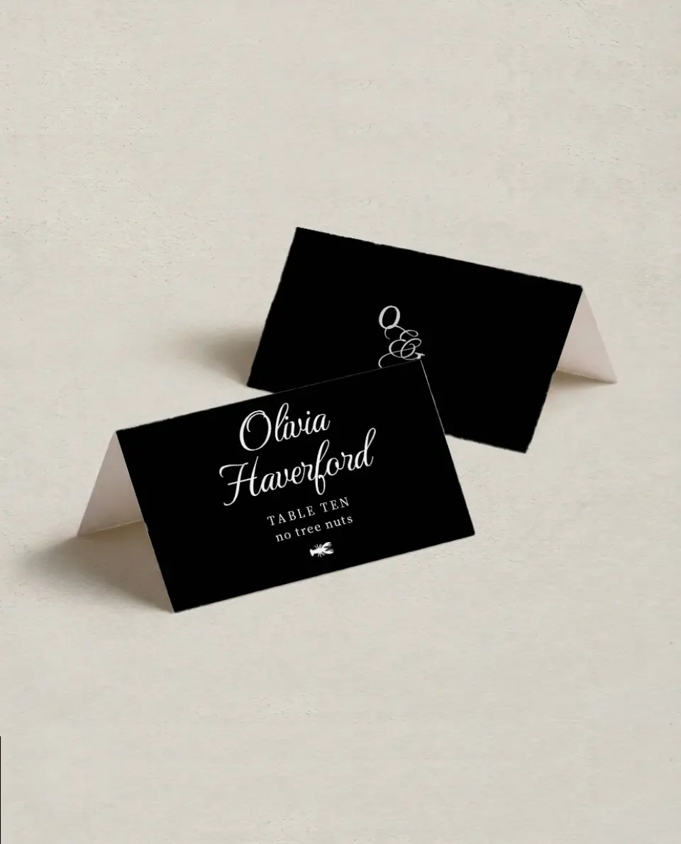 This is a 3½" x 2" Folded Wedding Place Card called Scarsdale printed in full color on Premium Smooth paper