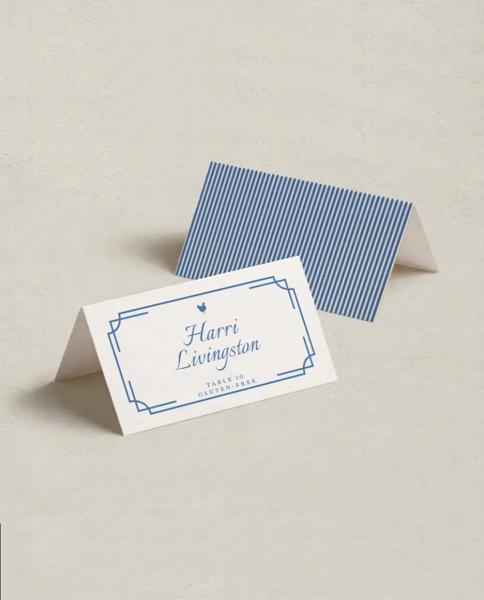 This is a 3½" x 2" Folded Wedding Place Card called Cambridge printed in full color on Premium Smooth paper