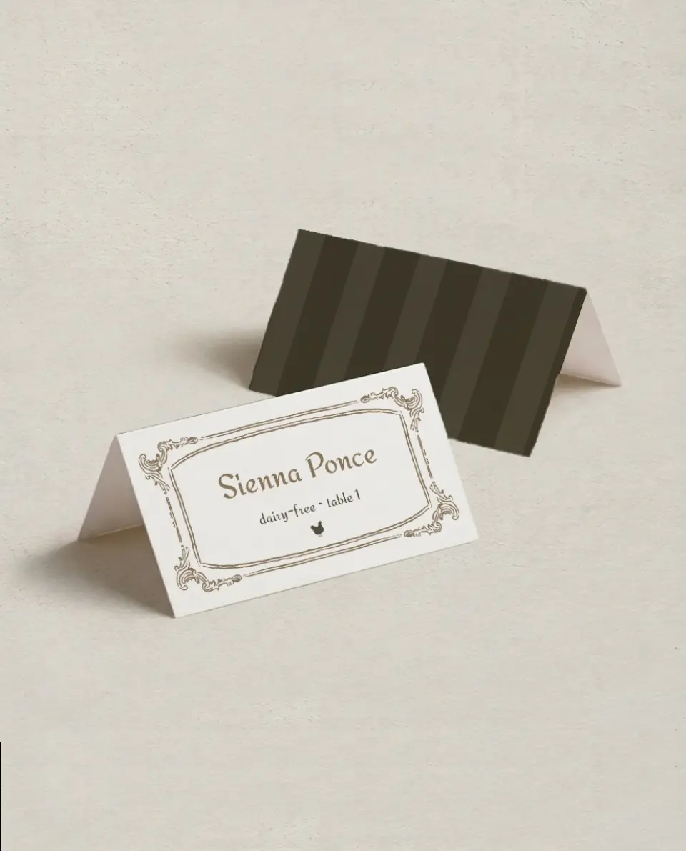 This is a 3½" x 2" Folded Wedding Place Card called Lafayette printed in full color on Premium Smooth paper