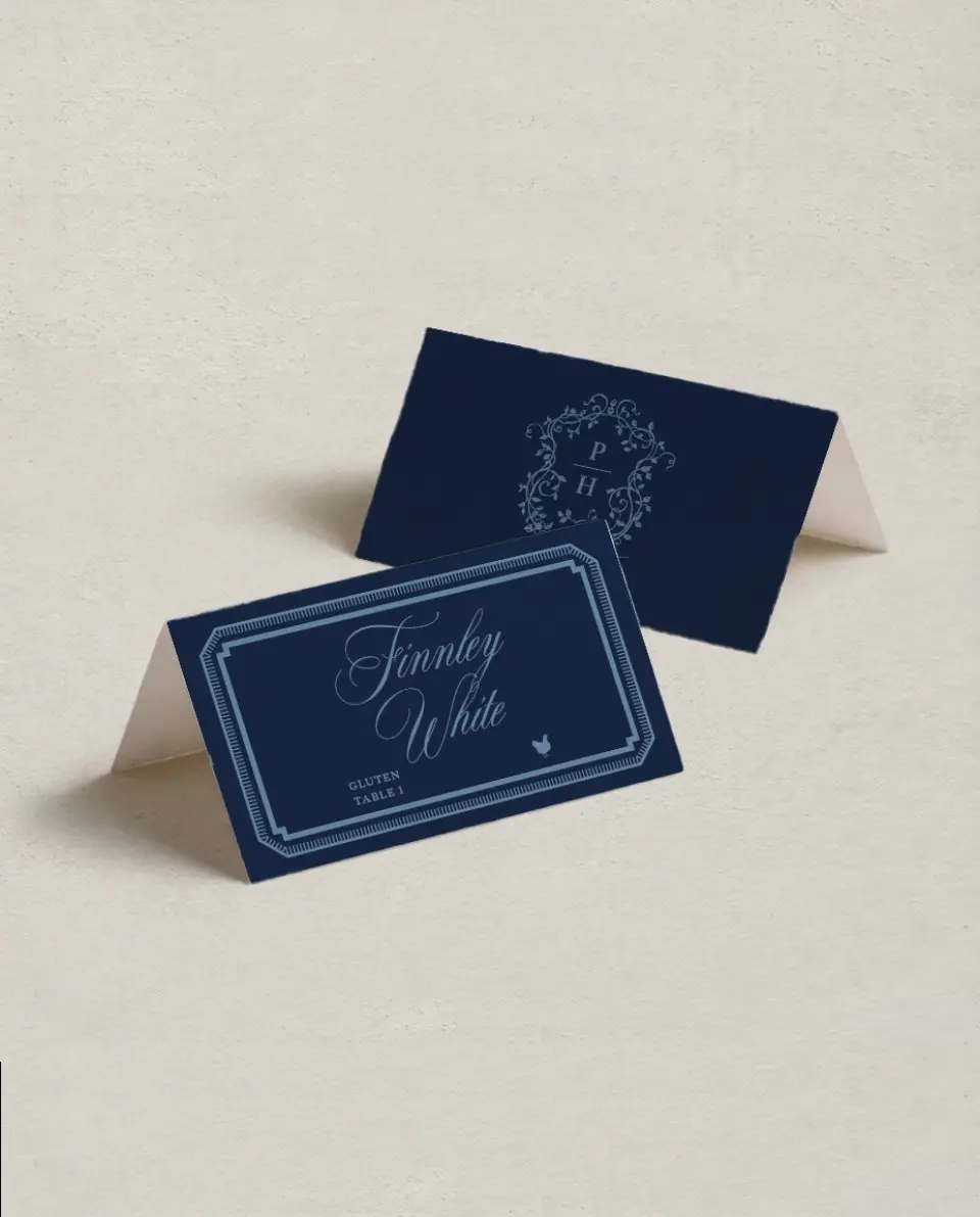 This is a 3½" x 2" Folded Wedding Place Card called Berkeley printed in full color on Premium Smooth paper