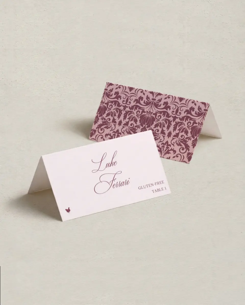 This is a 3½" x 2" Folded Wedding Place Card called Roswell printed in full color on Premium Smooth paper