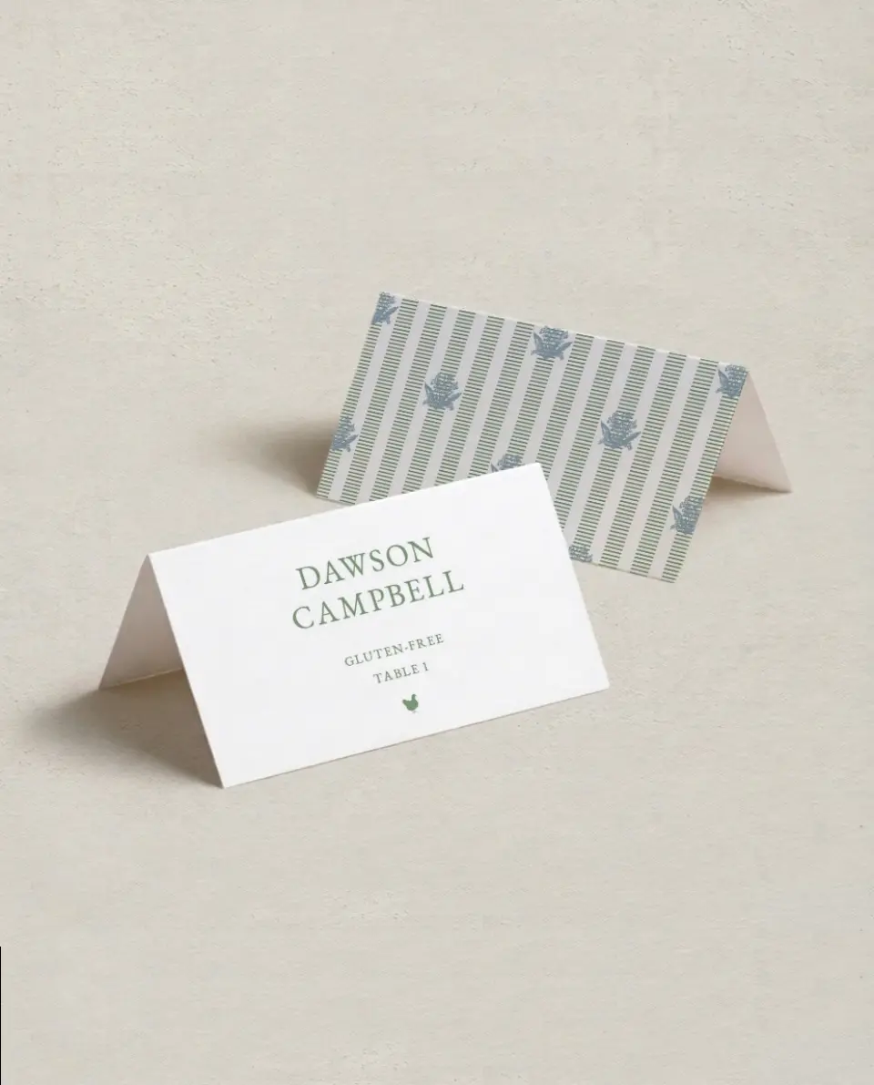 This is a 3½" x 2" Folded Wedding Place Card called Watch Hill printed in full color on Premium Smooth paper