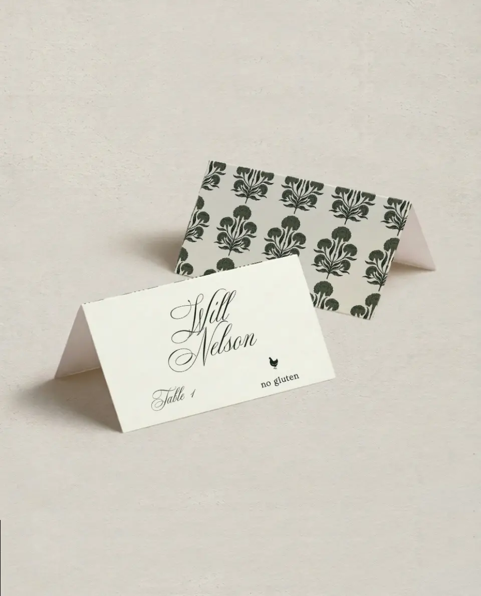 This is a 3½" x 2" Folded Wedding Place Card called Hillsborough printed in full color on Premium Smooth paper