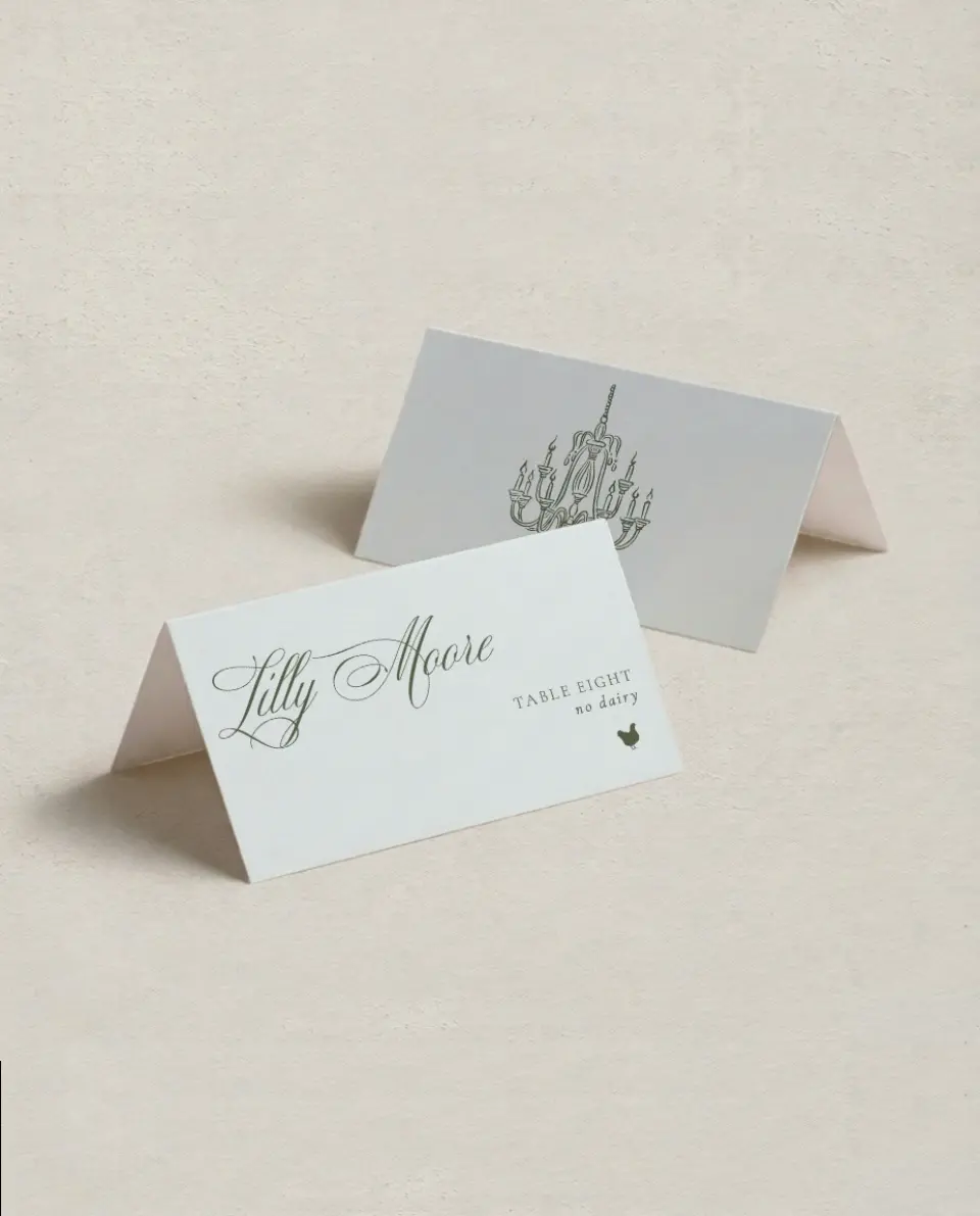 This is a 3½" x 2" Folded Wedding Place Card called Foxfire printed in full color on Premium Smooth paper