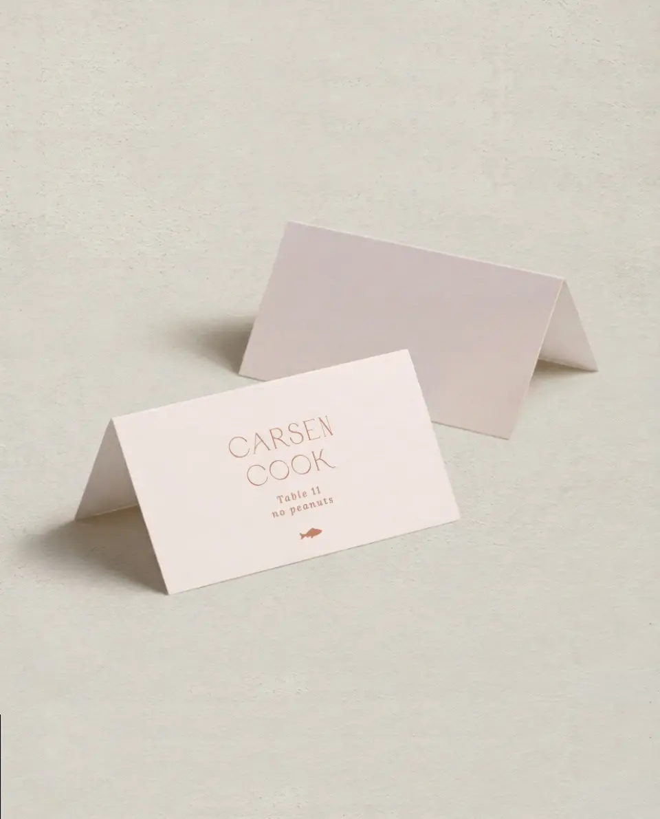 This is a 3½" x 2" Folded Wedding Place Card called Bridgetown printed in full color on Premium Smooth paper