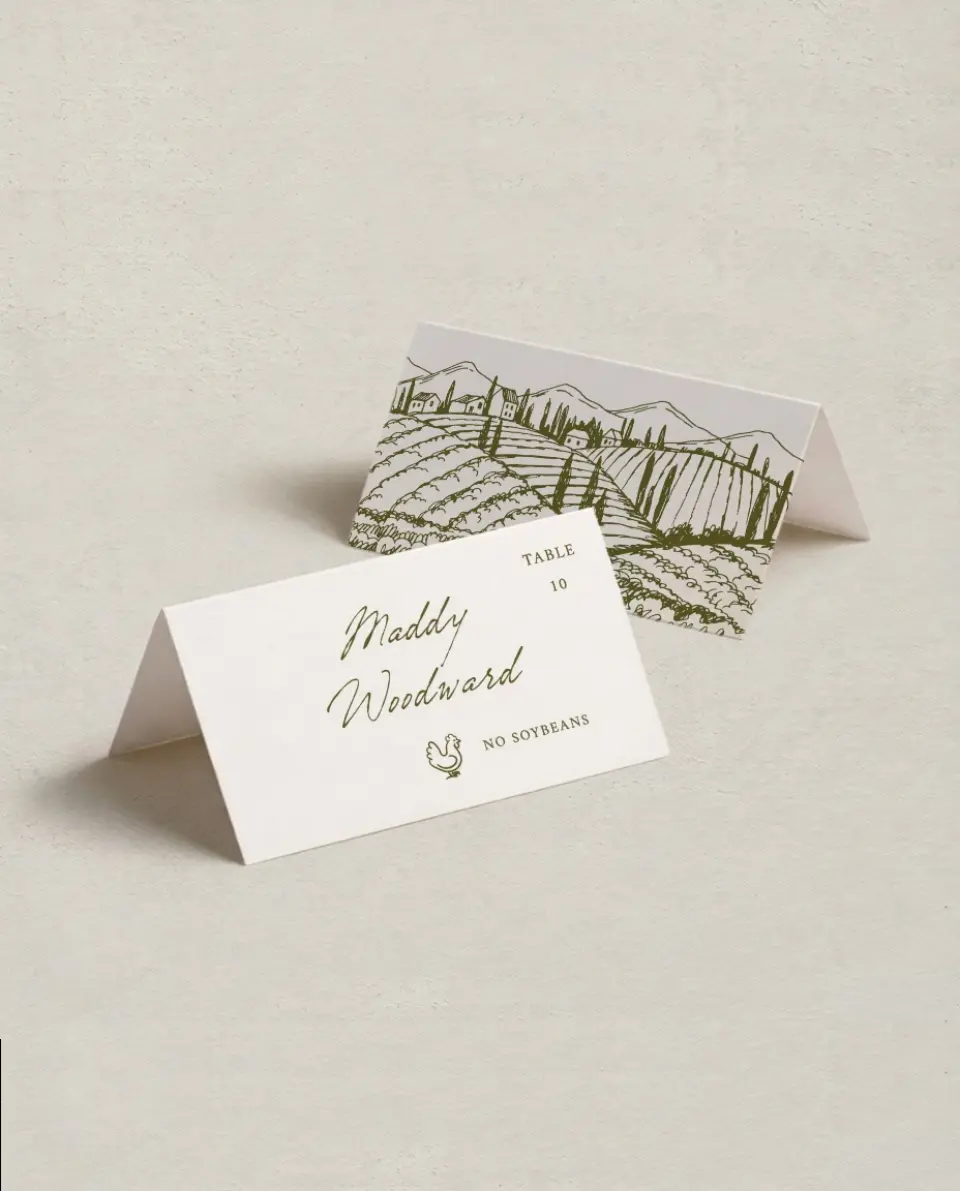 This is a 3½" x 2" Folded Wedding Place Card called Ivyhill printed in full color on Premium Smooth paper