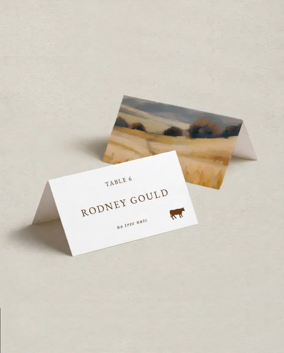 This is a 3½" x 2" Folded Wedding Place Card called Cedarhill Crossing printed in full color on Premium Smooth paper