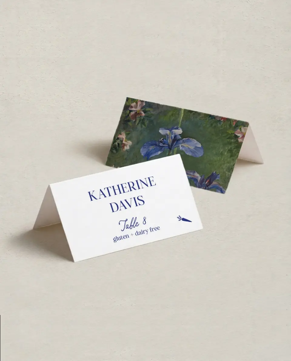 This is a 3½" x 2" Folded Wedding Place Card called Storybook Garden printed in full color on Premium Smooth paper