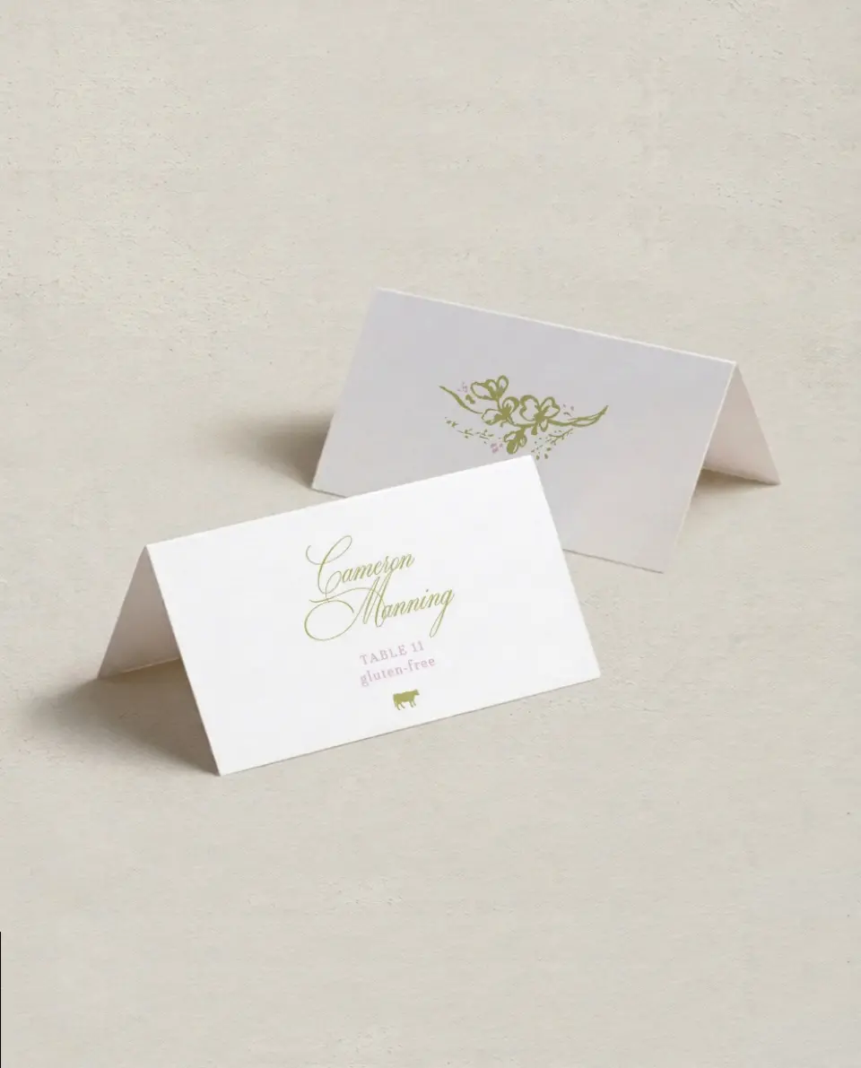 This is a 3½" x 2" Folded Wedding Place Card called Evening in Bloom printed in full color on Premium Smooth paper