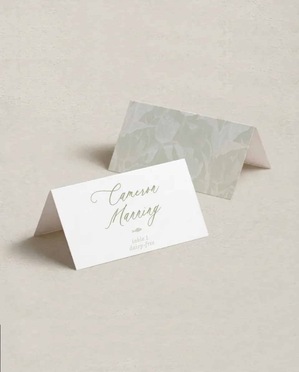 This is a 3½" x 2" Folded Wedding Place Card called Timeless Tulips printed in full color on Premium Smooth paper