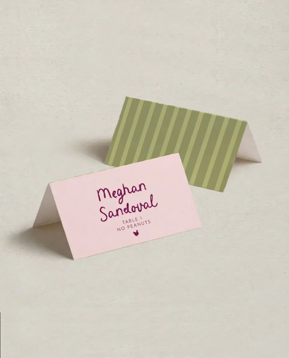 This is a 3½" x 2" Folded Wedding Place Card called Scalloped Elegance printed in full color on Premium Smooth paper