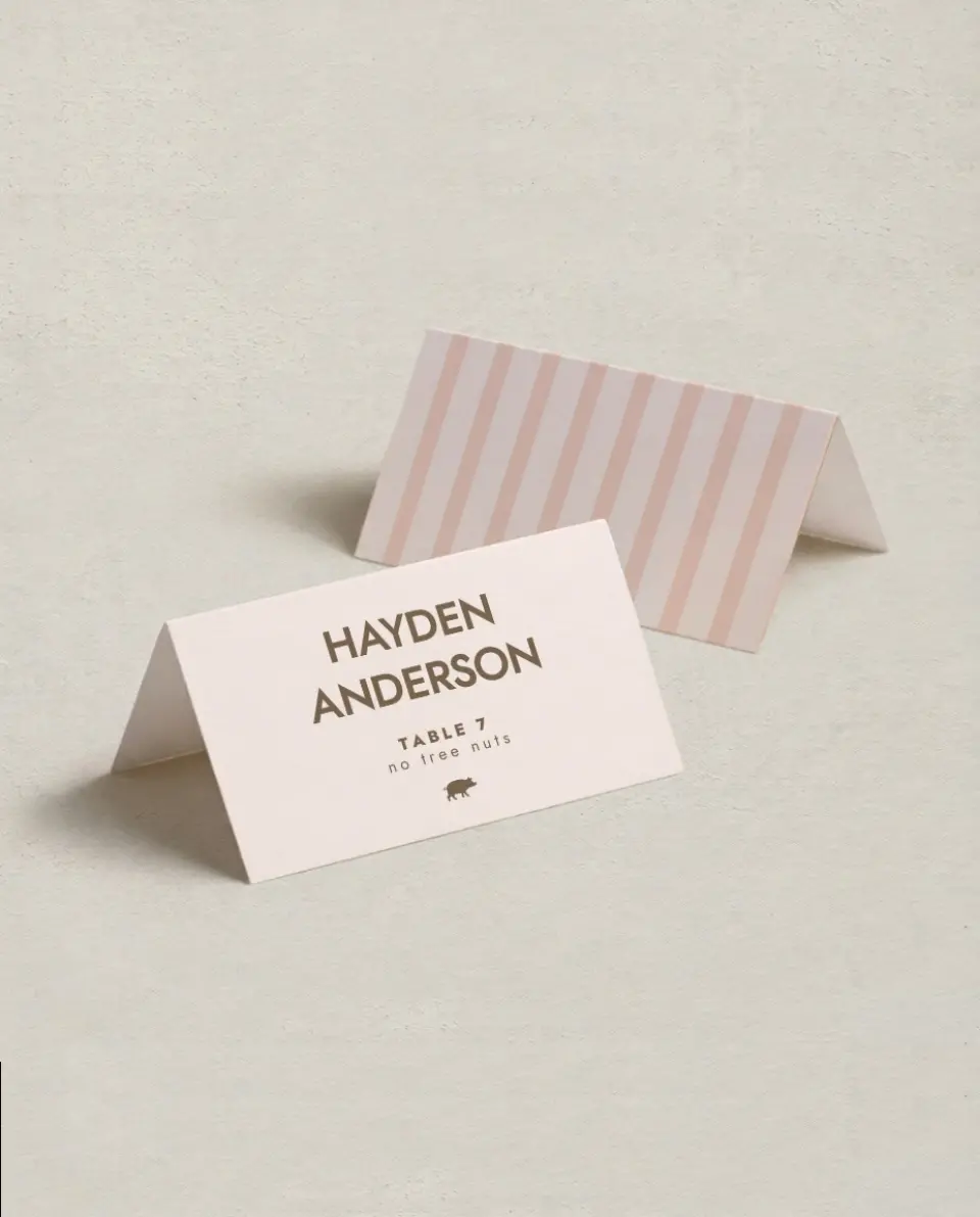 This is a 3½" x 2" Folded Wedding Place Card called Serendipity & Stripes printed in full color on Premium Smooth paper