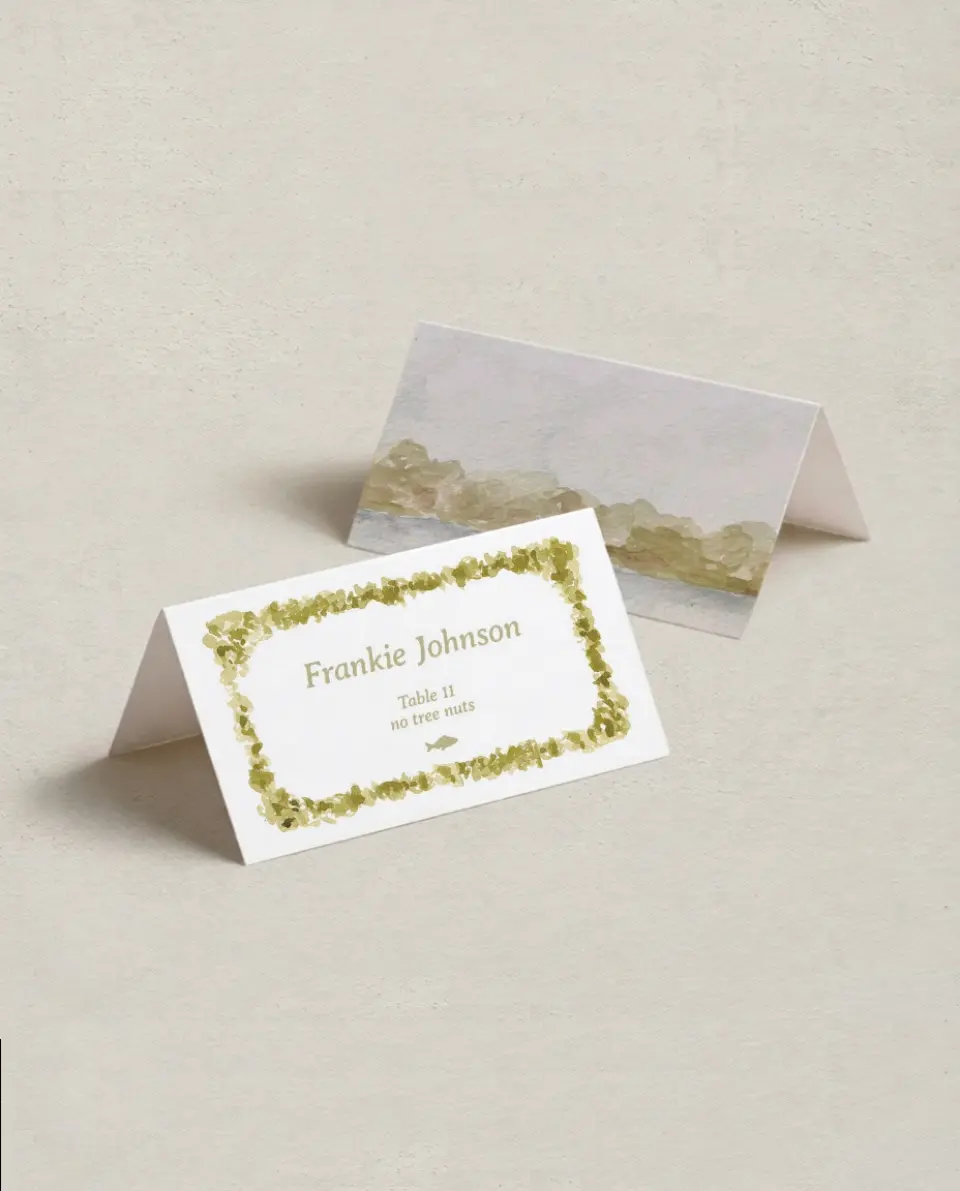 This is a 3½" x 2" Folded Wedding Place Card called Soft Meadows printed in full color on Premium Smooth paper