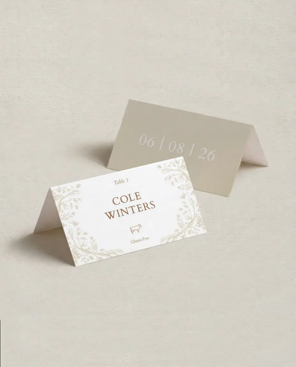 This is a 3½" x 2" Folded Wedding Place Card called Soft Branchlets printed in full color on Premium Smooth paper