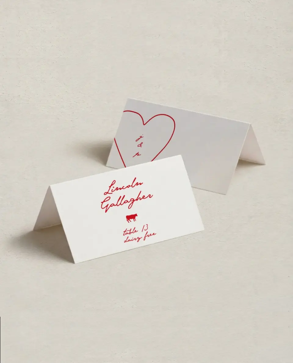 This is a 3½" x 2" Folded Wedding Place Card called With All Our Love printed in full color on Premium Smooth paper