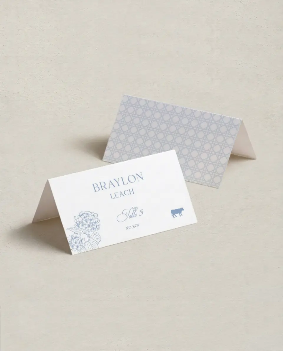 This is a 3½" x 2" Folded Wedding Place Card called Woven Serenity printed in full color on Premium Smooth paper