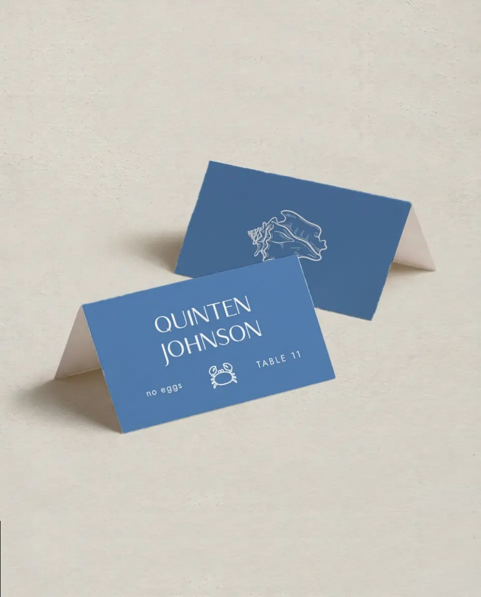 This is a 3½" x 2" Folded Wedding Place Card called Seaside Serenade printed in full color on Premium Smooth paper