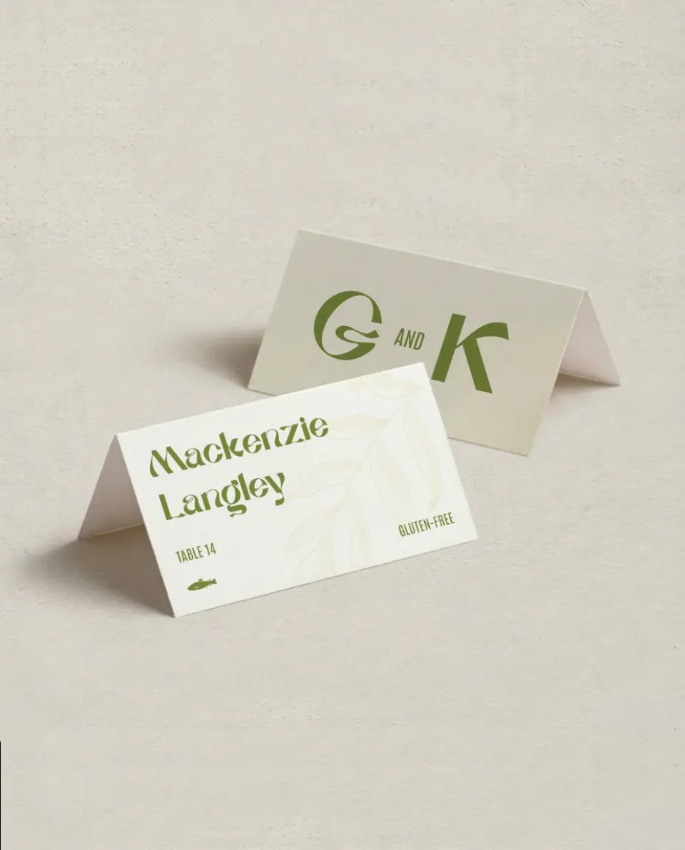 This is a 3½" x 2" Folded Wedding Place Card called Zephyr printed in full color on Premium Smooth paper