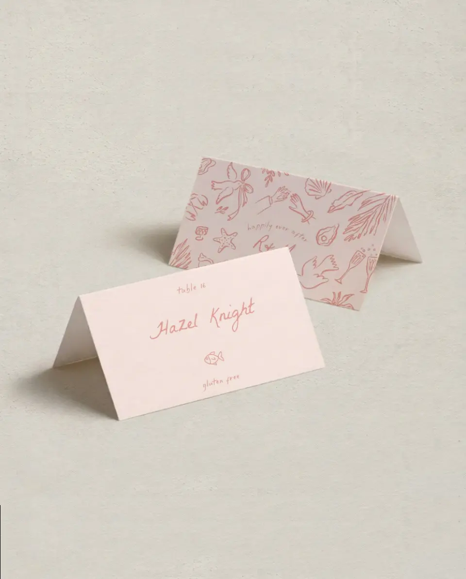 This is a 3½" x 2" Folded Wedding Place Card called Maritime Vows printed in full color on Premium Smooth paper