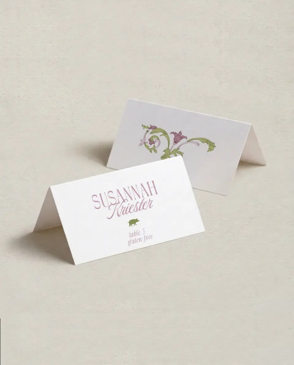 This is a 3½" x 2" Folded Wedding Place Card called Ornate Garden printed in full color on Premium Smooth paper