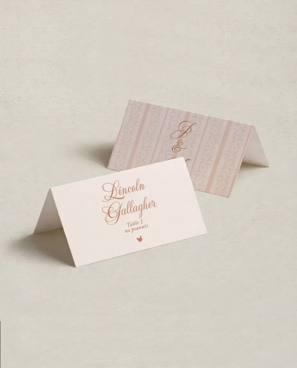 This is a 3½" x 2" Folded Wedding Place Card called Patterned Love printed in full color on Premium Smooth paper