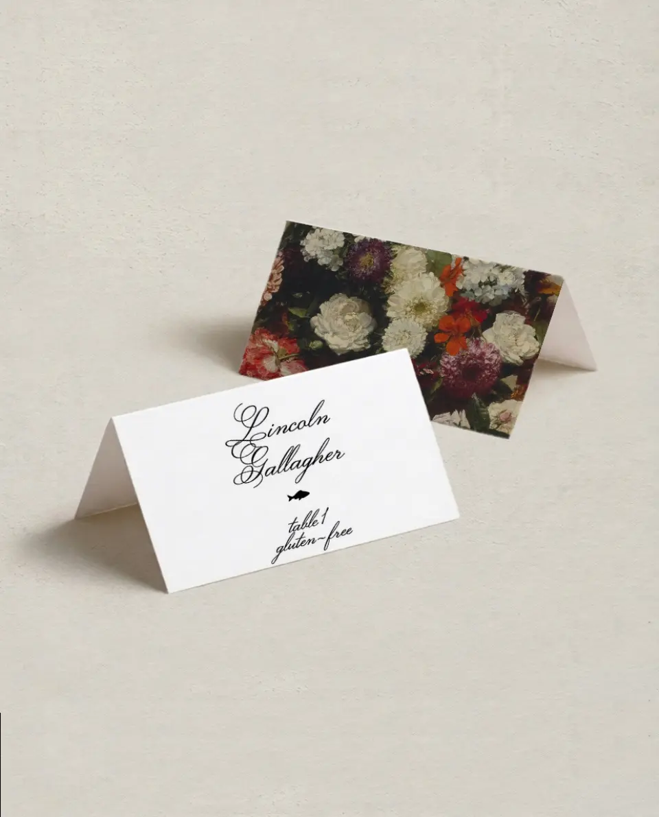 This is a 3½" x 2" Folded Wedding Place Card called Formal Script printed in full color on Premium Smooth paper