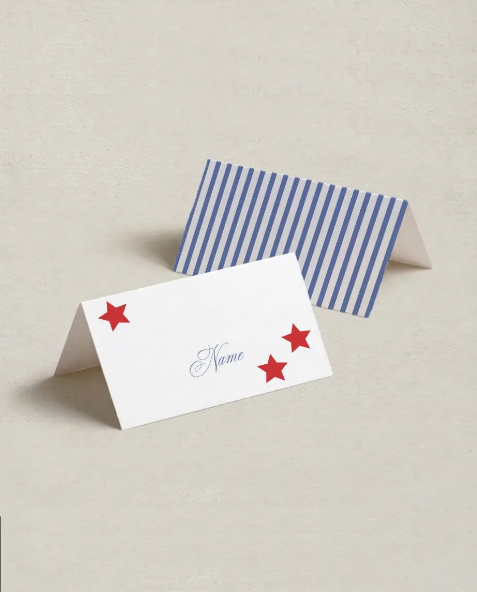 This is a 3½" x 2" Folded Bachelorette Party Table Décor called Red, Bride, and Blue printed in full color on Premium Smooth paper