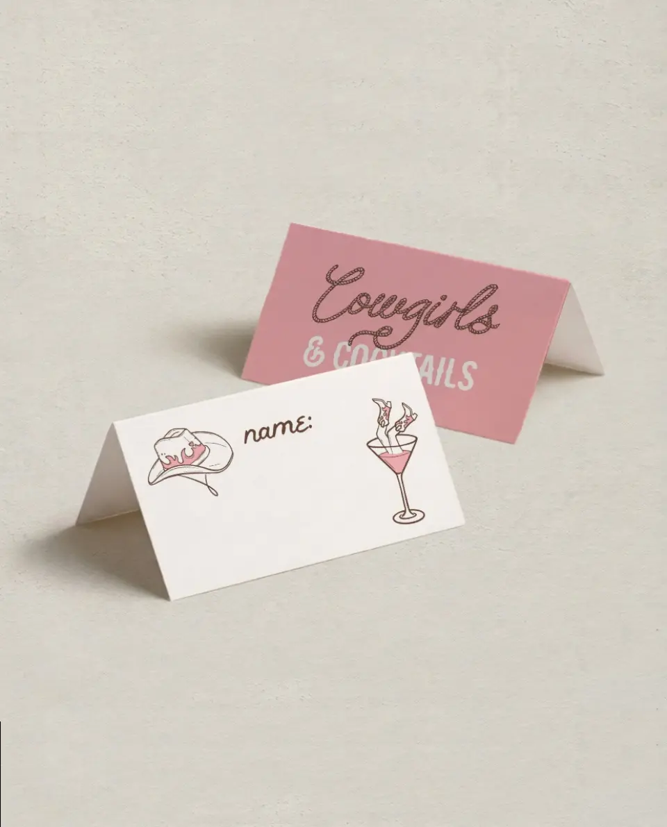 This is a 3½" x 2" Folded Bachelorette Party Table Décor called Cowgirls & Cocktails printed in full color on Premium Smooth paper