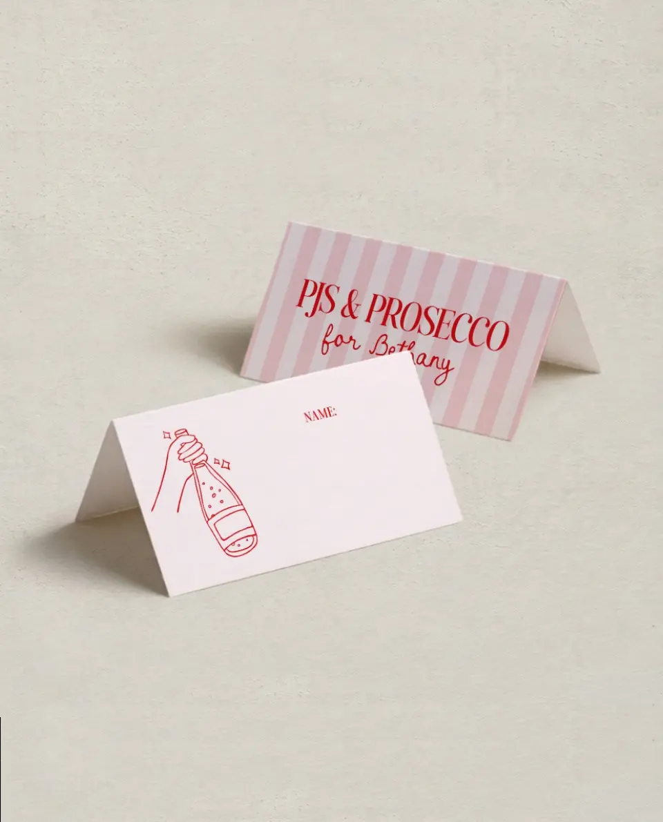 This is a 3½" x 2" Folded Bachelorette Party Table Décor called PJs & Prosecco printed in full color on Premium Smooth paper