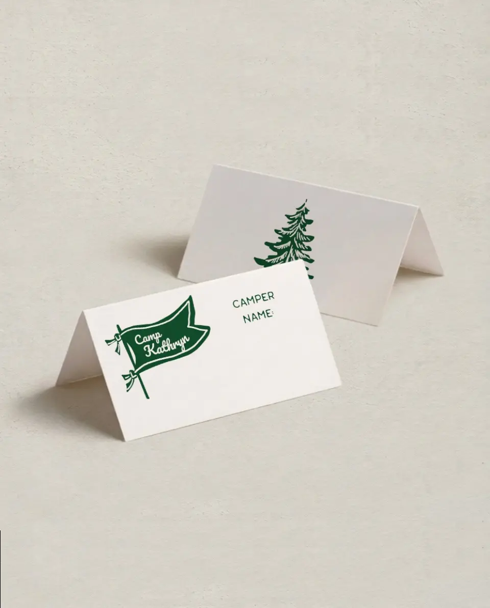 This is a 3½" x 2" Folded Bachelorette Party Table Décor called Camp Bach printed in full color on Premium Smooth paper