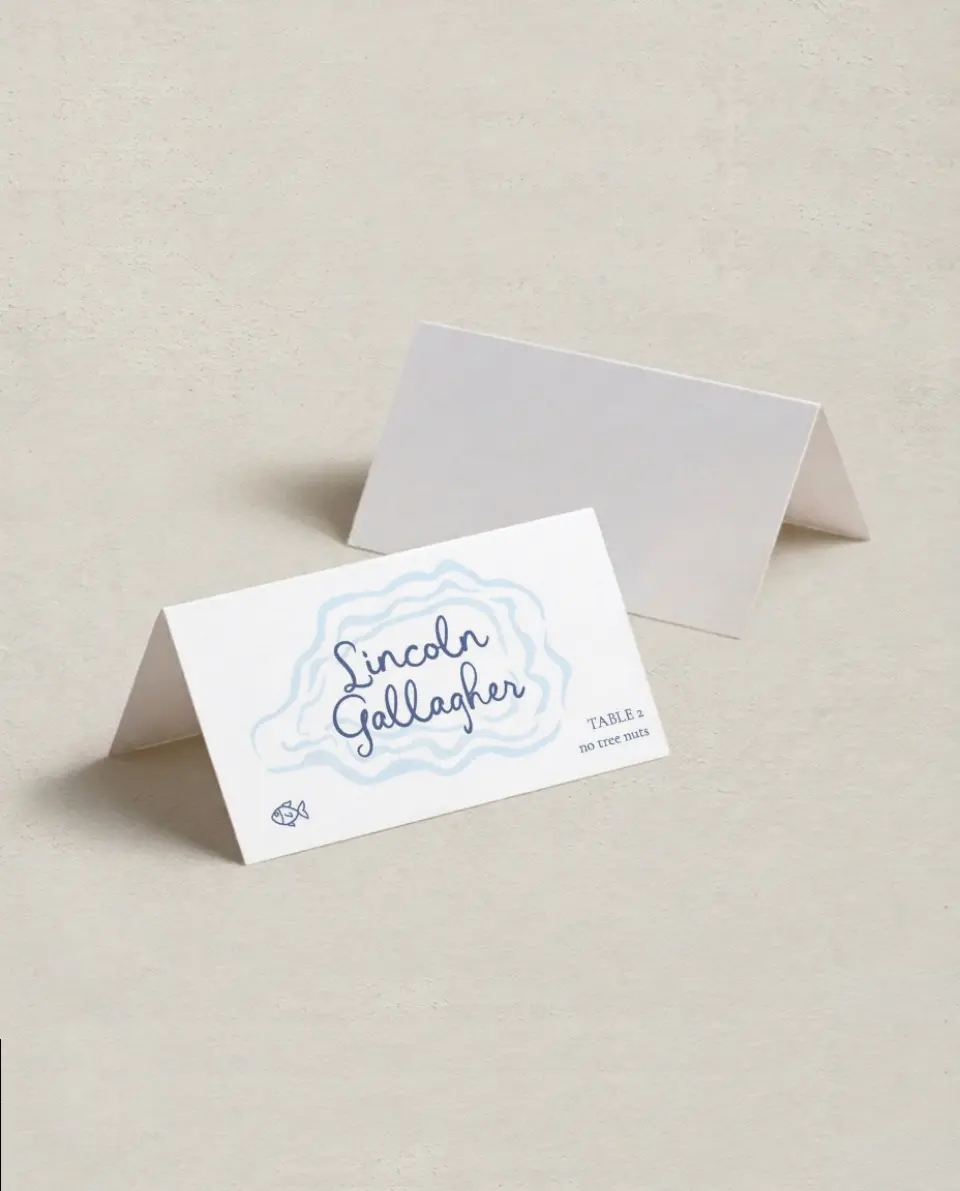 This is a 3½" x 2" Folded Wedding Place Card called Love by the Sea printed in full color on Premium Smooth paper