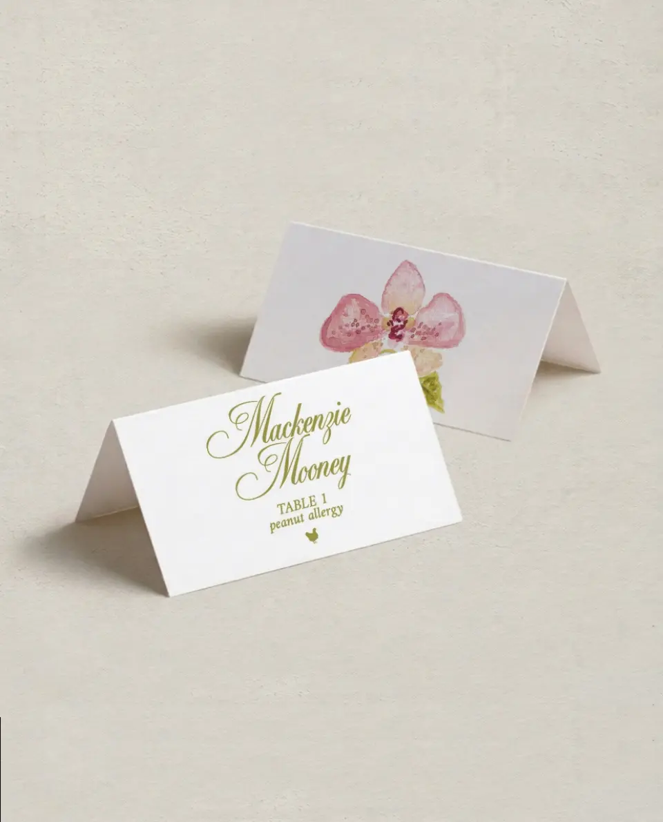 This is a 3½" x 2" Folded Wedding Place Card called Paradise in Bloom printed in full color on Premium Smooth paper