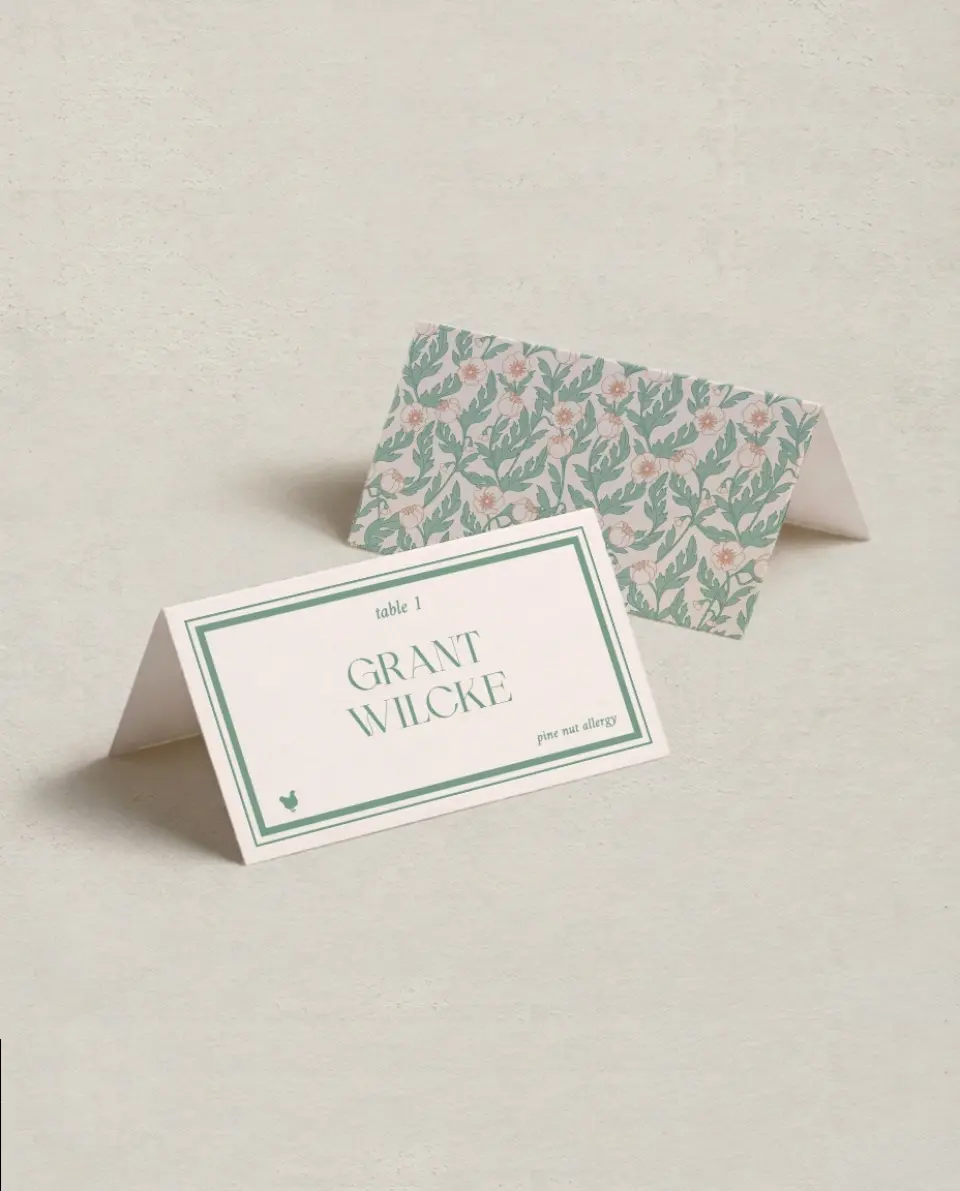 This is a 3½" x 2" Folded Wedding Place Card called Vintage Dream printed in full color on Premium Smooth paper